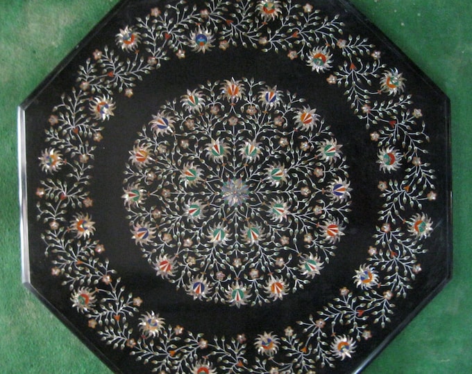 Handmade Octagonal Black Marble Table Top: Floral Inlay, 36x36 Inches