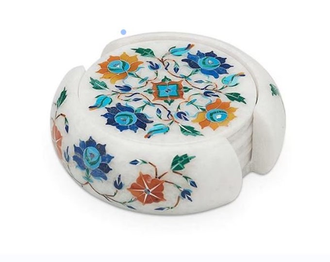 Marble Coaster Tea Set Handmade Multi Color Semi Precious Stone Pietra Dura Inlay Art Gifts & Home Decorative