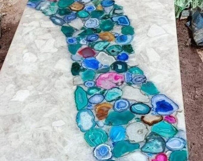 Agate Inlay Marble Table, Semi Precious Stone Coffee Table