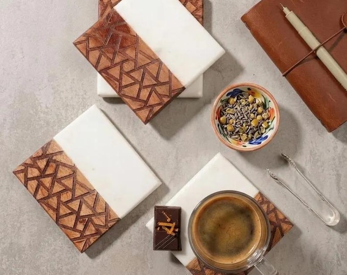 Handmade Stone Coasters with Geometric Inlay – Modern Drink Coasters