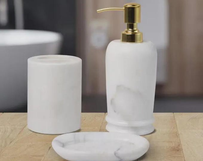 White Marble Bathroom Set with Brass Pump, Soap Dispenser