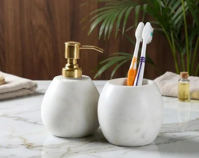 White Marble Bathroom Set, Soap Dispenser, Toothbrush Holder