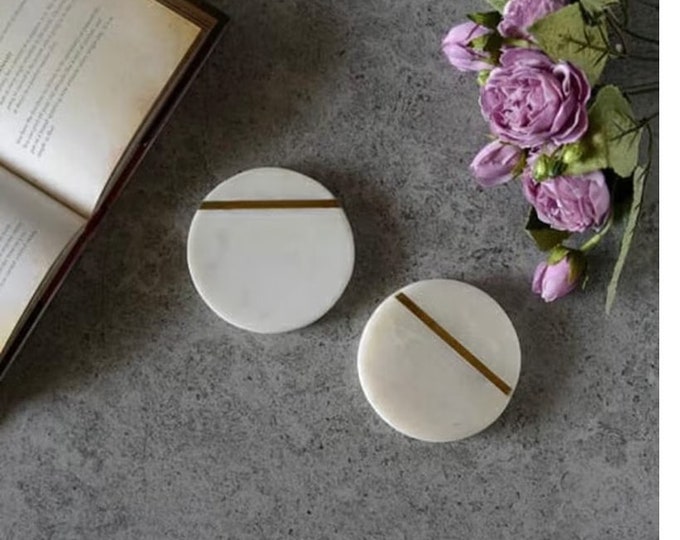 Modern Marble Coasters with Brass Detail, Elegant Table Decor