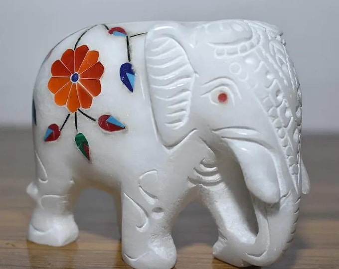 White Marble Elephant Figurine | Floral Inlay Stone Decor | Lucky Home Accent