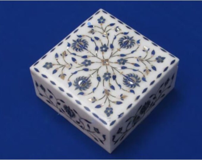 Marble Jewelry Box Semi Precious Stone Lapis Malachite Pietra Dura Inlay Handmade Work Home Decor For Gifts