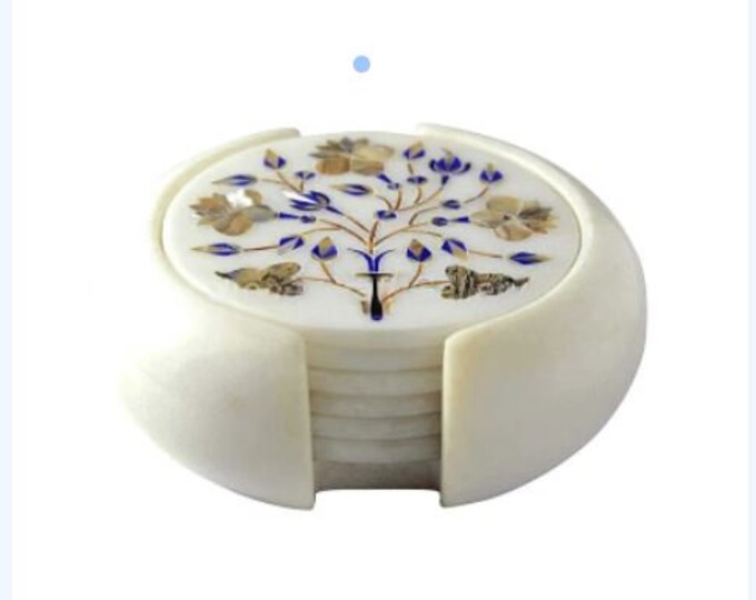 Marble Coaster Set Semi Precious Stones Pietradura Floral Inlay Handmade Work Home Decor & Gifts