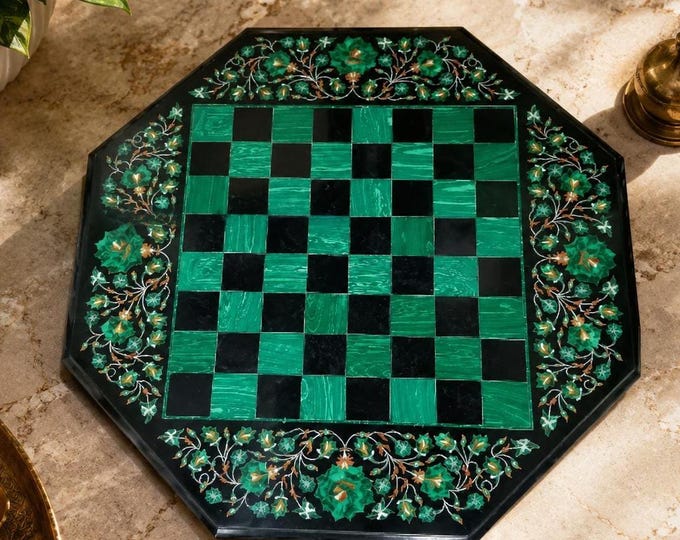 Handmade Green Malachite Inlay Chess Set Board – Elegant Game Room Décor