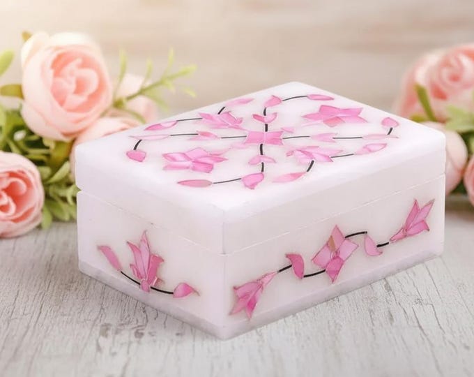 Handcrafted White Marble Jewelry Box with Pink Floral Inlay