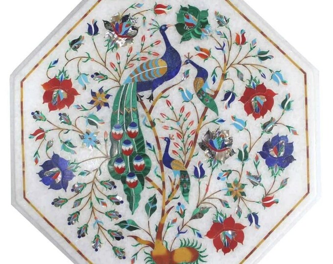 18" x 18" Marble Side Table Semi Precious Stone Inlay Handmade Pietra Dura Art Home Furniture
