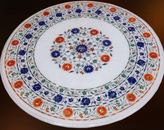 Inlaid Semiprecious Stone White Marble Table Top Lapis Lazuli and Carnelian Stone