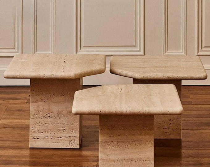 Cream Travertine Nesting Coffee Tables: Modern Cocktail Table Set