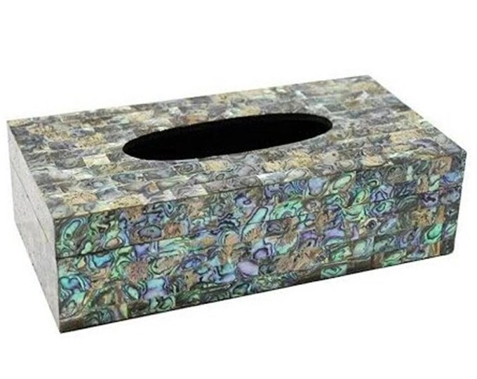 Abalone Shell Mosaic Tissue Box Cover | Iridescent Rectangular Tissue Holder | Coastal Bathroom Décor