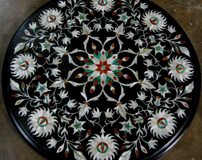 Round Black Marble Floral Inlay Table Top | Handmade Pietra Dura Stone Art
