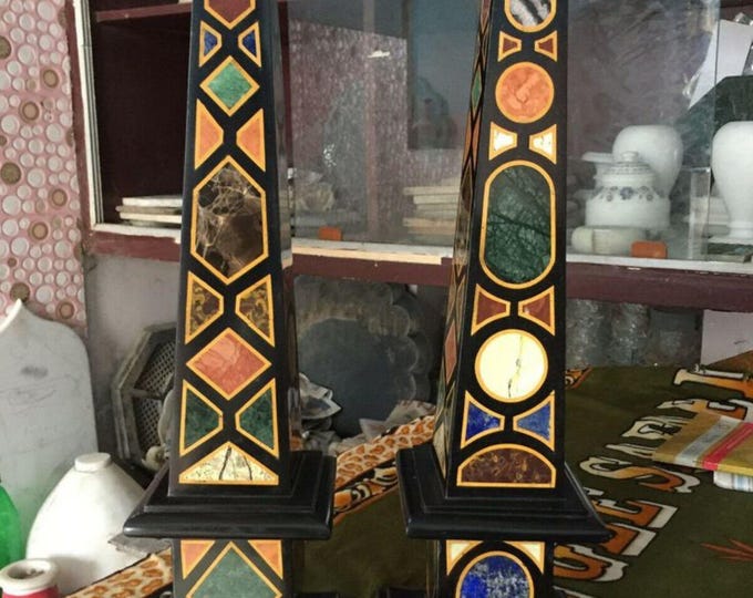 Handcrafted Black Marble Obelisk: Multi-Stone Inlay Showpiece
