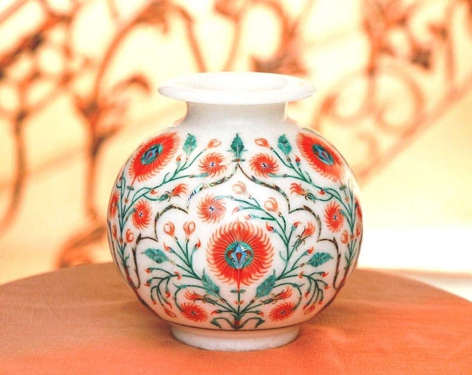 Handcrafted Marble Vase with Floral Inlay Art