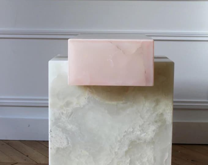 Handcrafted Pink & White Onyx Cube Table: Modern Accent Plinth