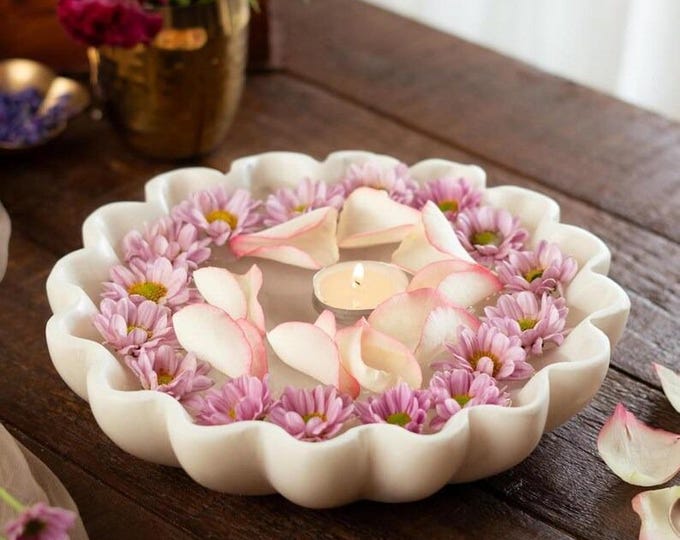 Marble Floating Candle Bowl | Floral Centerpiece Decor | Spa Home Accent