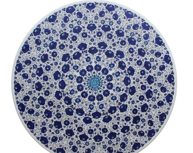 White Marble center Table Top Lapis Semi Precious Stones Inlay Work Handmade Pietra Dura Home Decor