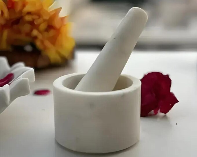 White Marble Mortar and Pestle Set, Small Spice Grinder