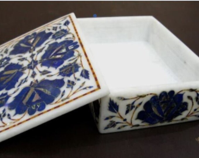 7 x 5 Inches Lapis Lazuli Stone Inlay Work Locket Box with Royal Look Rectangle Shape White Marble Trinket Box for Dressing Table Decor
