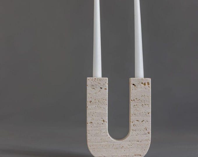 Travertine U-Shaped Candle Holder – Modern Stone Taper Holder, Minimalist Sculptural Decor