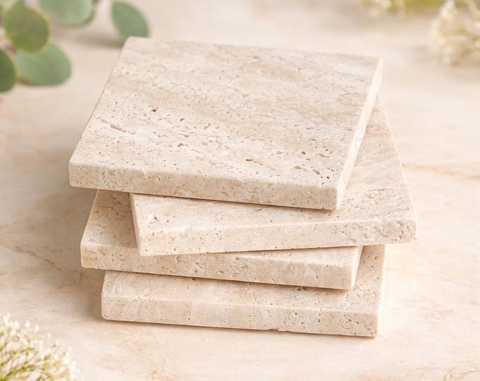 Travertine Stone Coasters – Natural Handmade Beige Marble Set