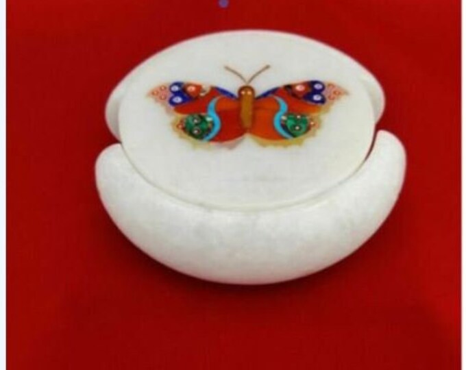 Marble Coaster Set Handmade Butterfly Design Semi Precious Stone Home Decorative Gift
