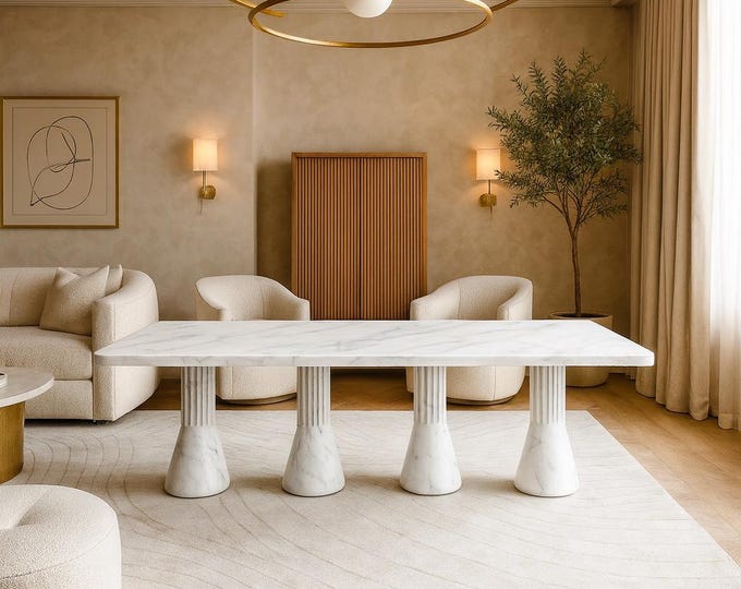 Handmade Travertine & Carrara Marble Dining Table: Modern Sculptural Pedestal