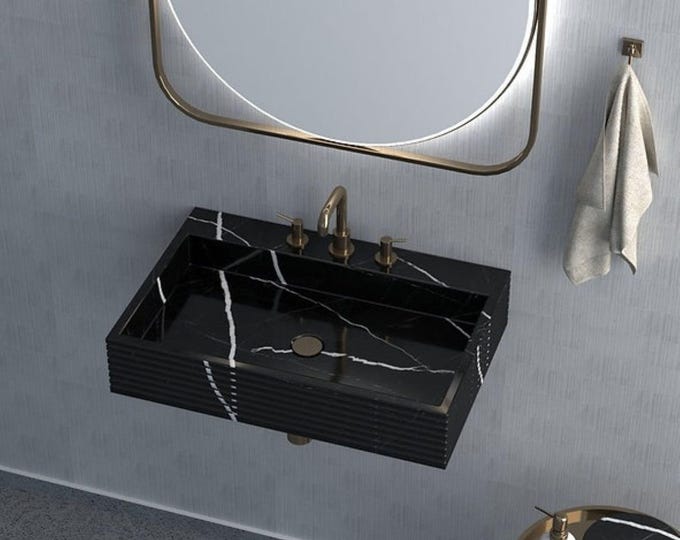 Handcrafted Black Marble Bathroom Sink with Backsplash