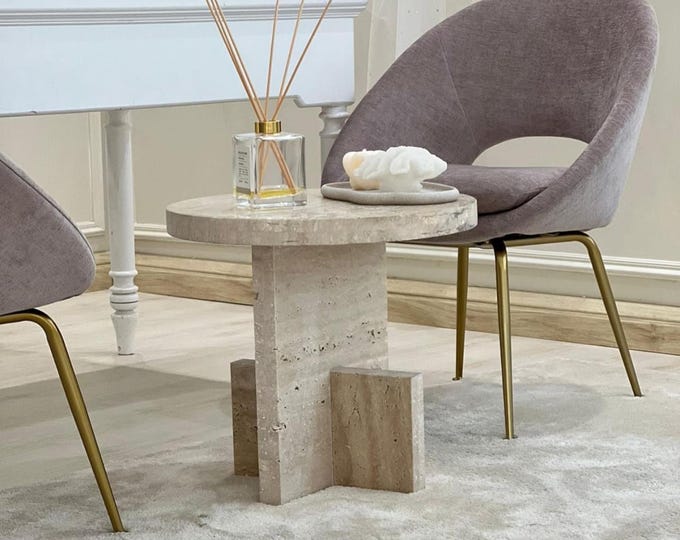 Handcrafted Travertine Side Table: Round Marble Accent Table