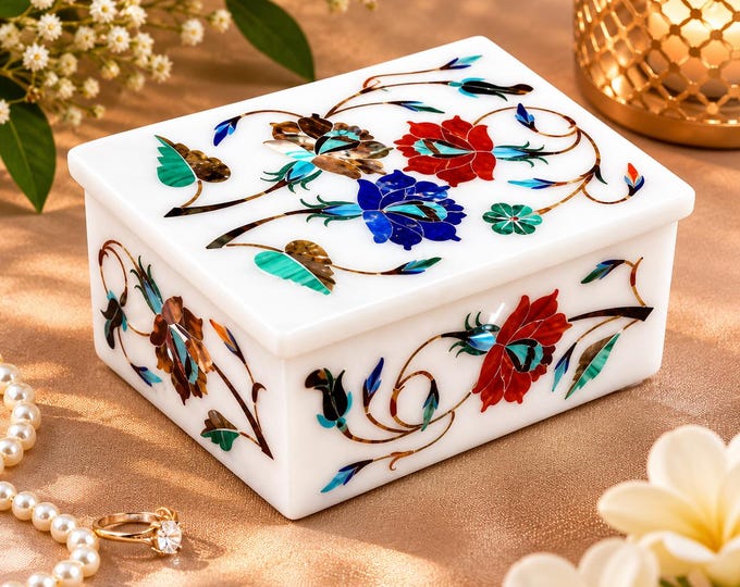 Marble Jewelry Box Semi-Precious Stones Inlay Handmade Pietradura Home Decor