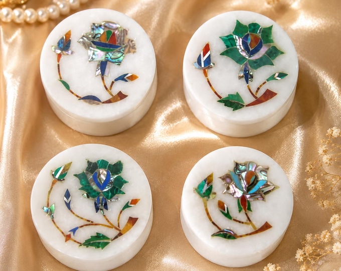 Set of 4 White Marble Inlay Boxes – Semi-Precious Stone Floral Decor
