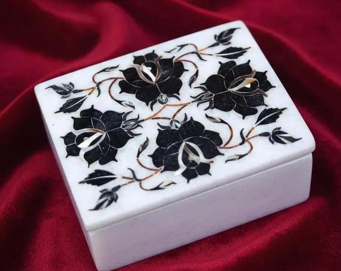 Handmade Black Floral Marble Inlay Jewelry Box