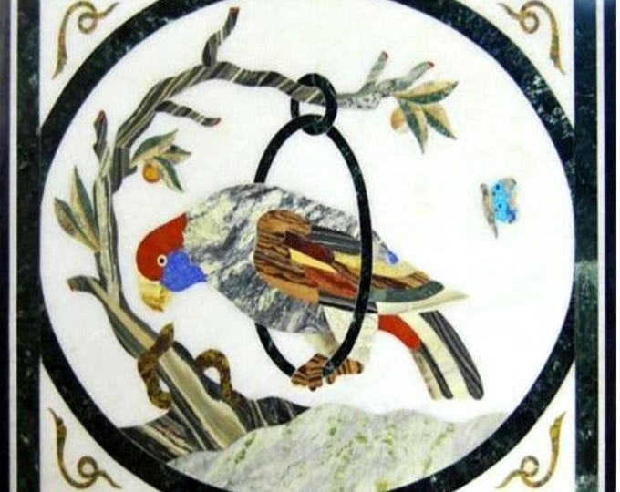 Handmade Marble Table Top: Parrot Inlay, Pietra Dura Art