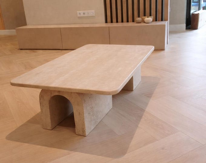 Handmade Travertine Coffee Table Minimalist Stone Accent Table