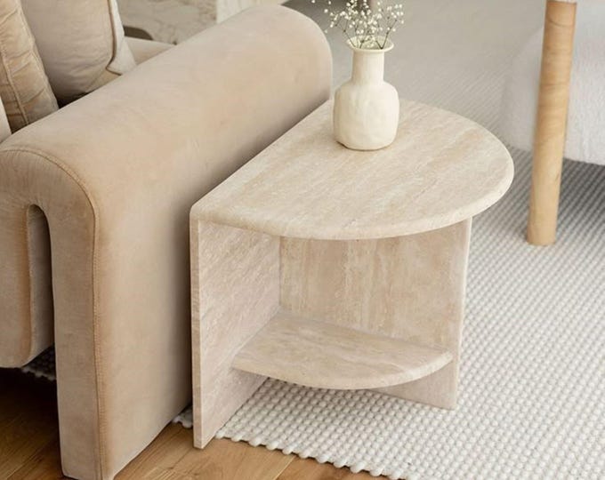 Handmade Travertine Stone Side Table: Minimalist Beige Corner Table