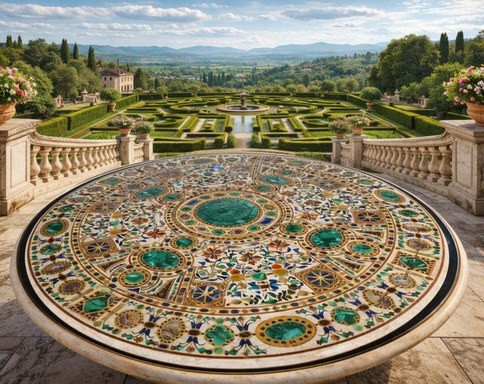 Round Marble Dining Table Top Semi Precious Stone Inlay Work Handmade Home Decor