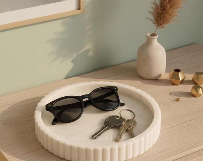 Round White Marble Decorative Tray with Fluted Edge | Minimalist Stone Vanity Tray