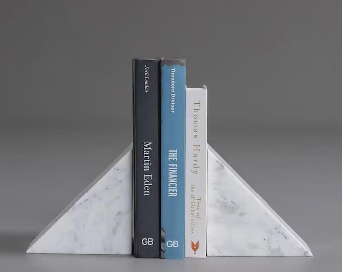 White Marble Triangle Bookends, Minimalist Stone Book Holder Set