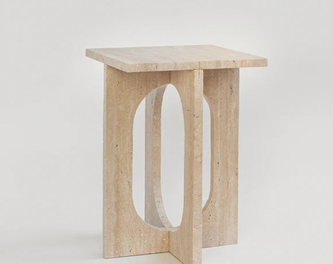 Minimalist Travertine Stone Side Table / Sculptural Accent Stool