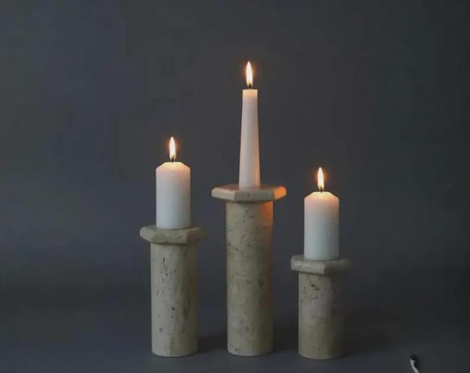 Travertine Candle Holders Set, Minimalist Stone Candlesticks