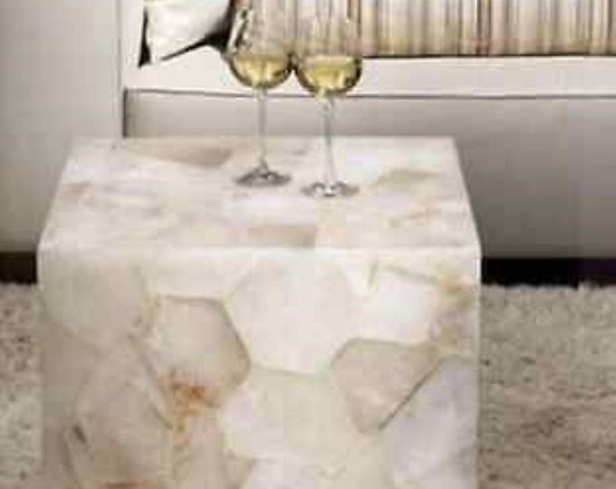 White Agate Stone Side Table / Sculptural Cube Accent Table