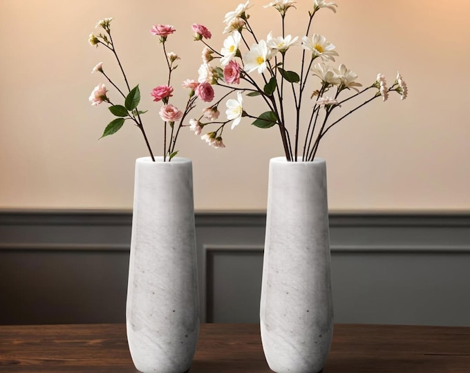 Modern Marble Vase Set of 2 – Minimalist White Stone Flower Vases