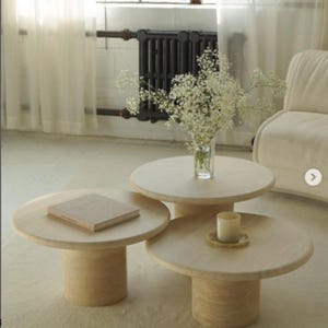 Nesting Travertine Coffee Table Set: Round Vintage Style, Beige Stone Finish