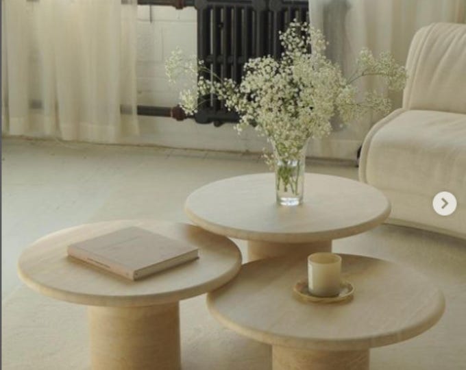 Nesting Travertine Coffee Table Set: Round Vintage Style, Beige Stone Finish