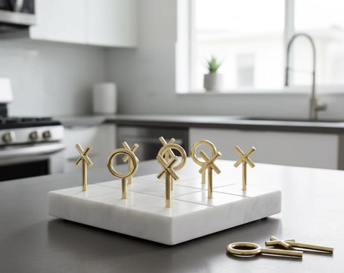 White Marble Tic Tac Toe with Brass Pieces | Luxury Marble Board Game Decor