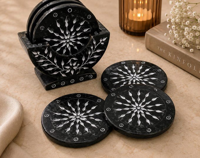 Black Marble Coaster Set with Holder, Decorative Marble Table Decor