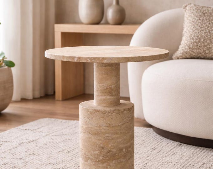 Round Travertine Side Table | Luxury Stone Coffee Table | Modern Minimalist Home Decor