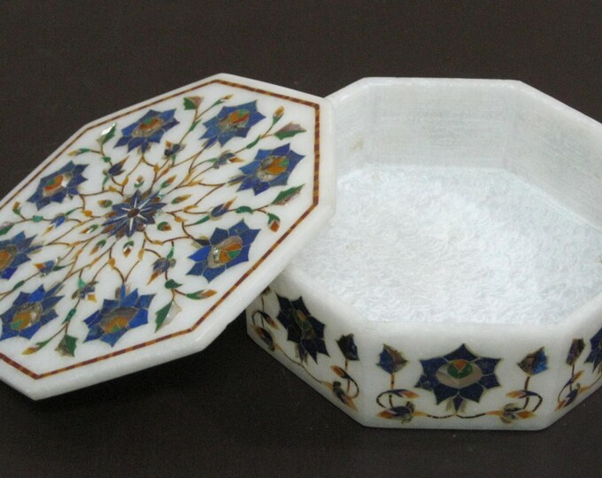 Octagon Marble Inlay Decorative Box with Floral Design Handcrafted Luxury Home Decor