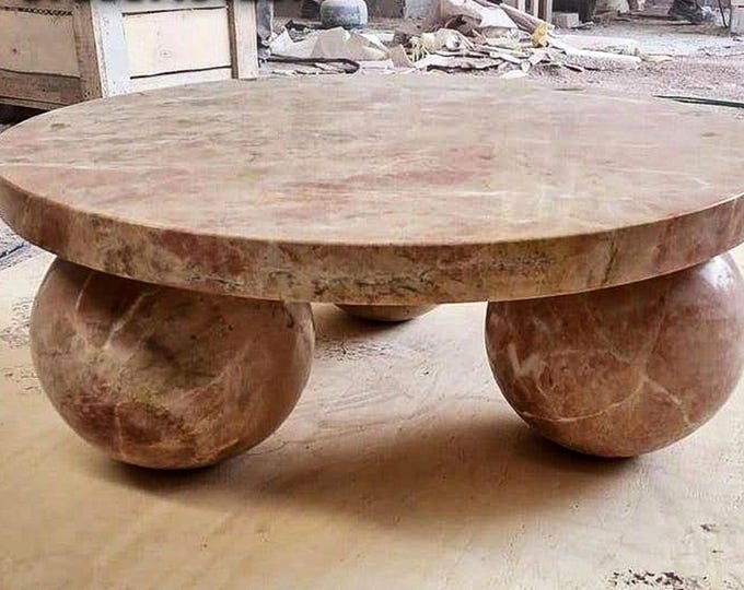 Artisan Sculptural Marble Table | Handcrafted Stone Coffee Table with Ball Legs